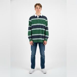 VTG Chaps Ralph Lauren Rugby Polo Shirt Mens Large Blue Green Colorblock Stripes